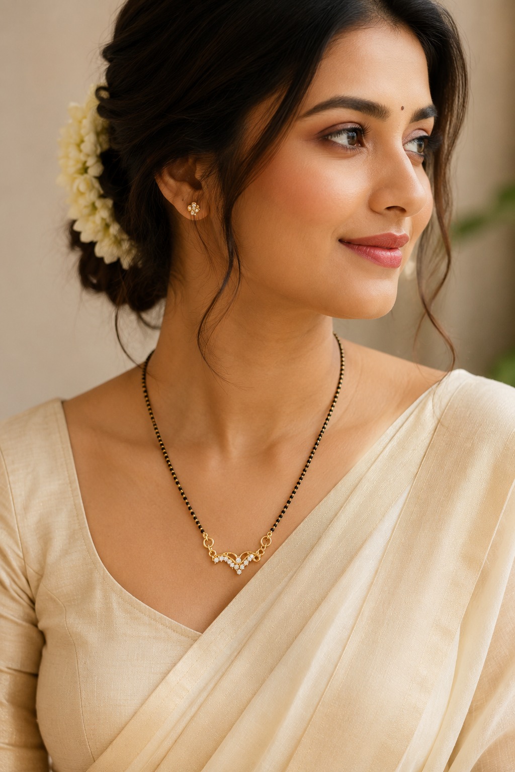 Traditional Gold Finish Crystal Mangalsutra with sparkling crystal pendant and classic black bead chain