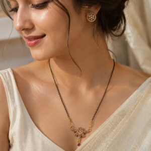 Traditional Ruby Charm Mangalsutra with ruby-inspired pendant, gold-tone finish, and classic black bead chain