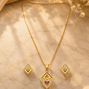 Royal Heart Sparkle Necklace Set with crystal heart pendant and matching silver earrings for women