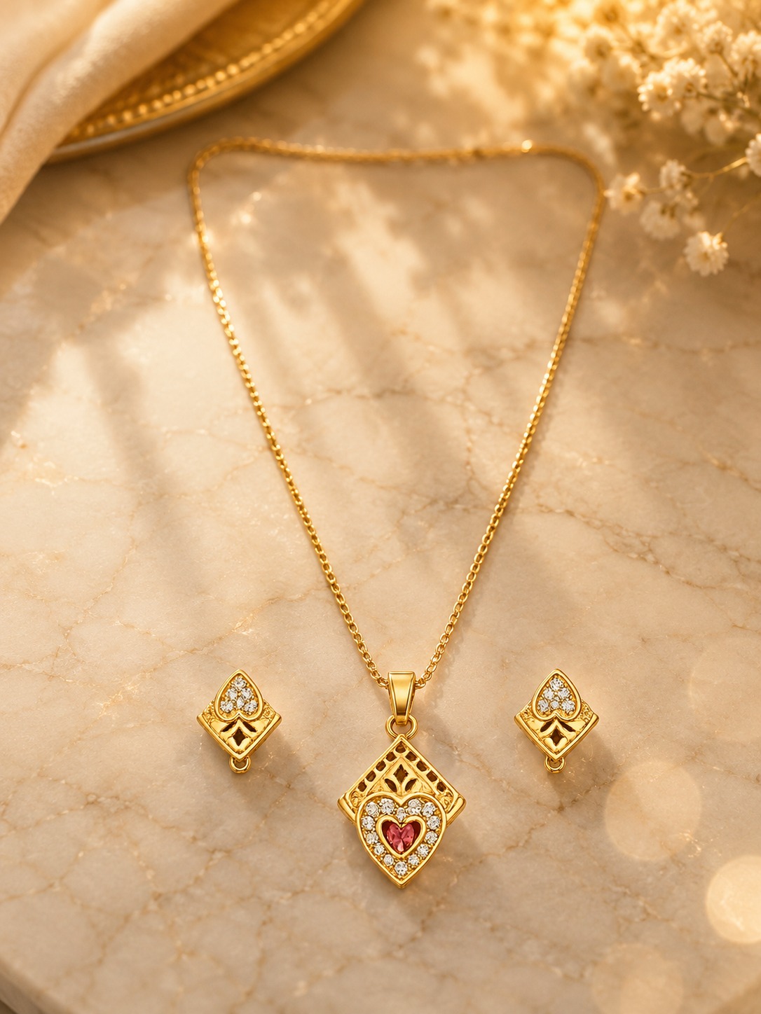Royal Heart Sparkle Necklace Set with crystal heart pendant and matching silver earrings for women