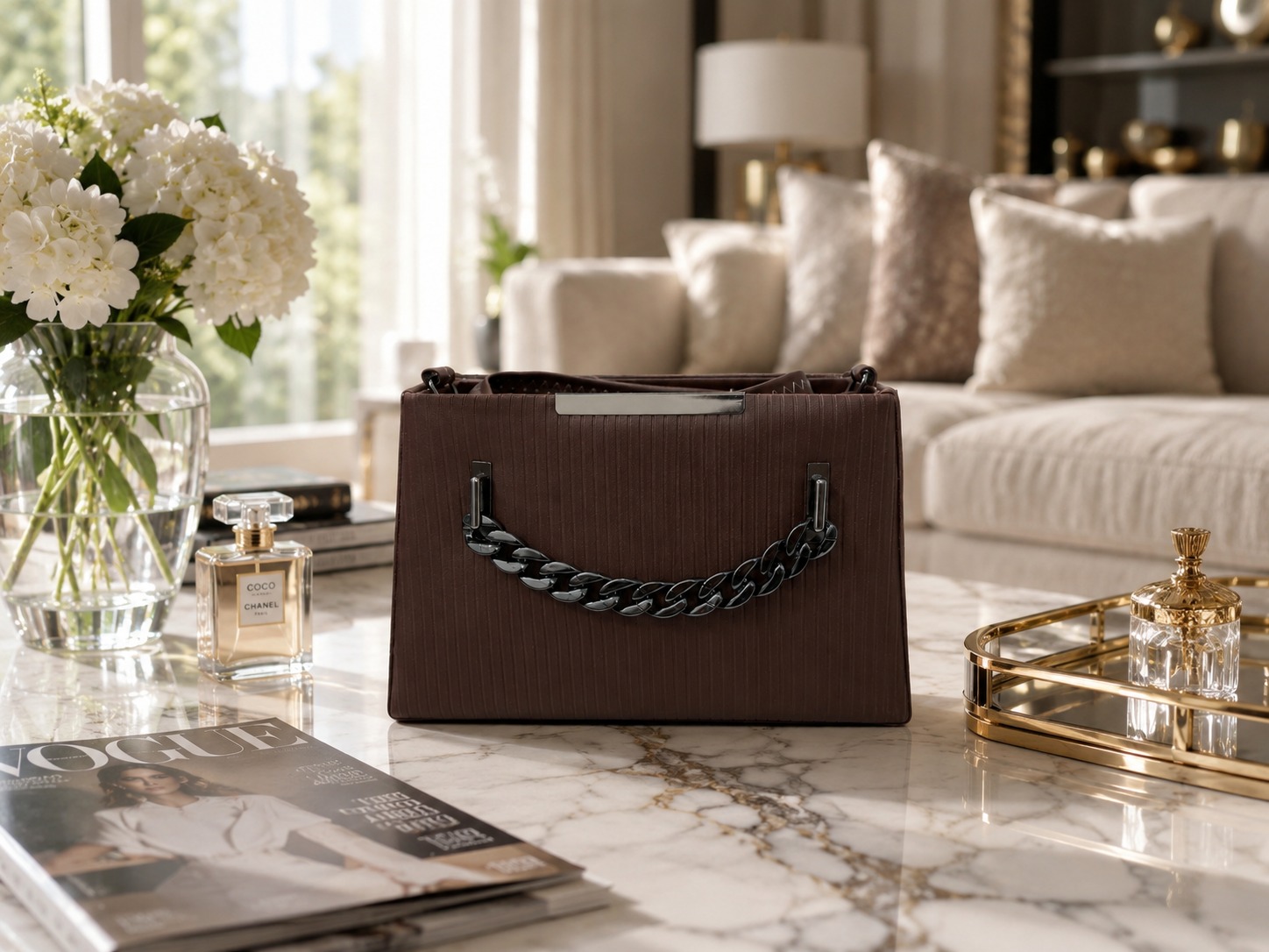 Luxe Noir Chain Handbag with quilted black design and elegant metallic chain strap for women