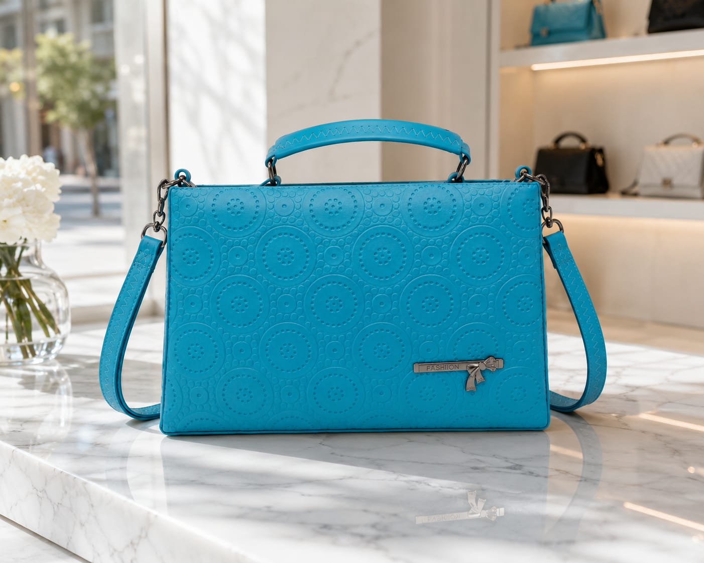Premium embossed women's handbag with elegant textured finish and spacious design