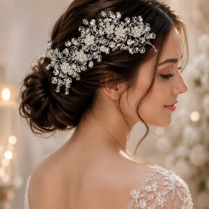 Crystal floral bridal hair vine with sparkling silver crystal accents for wedding hairstyles