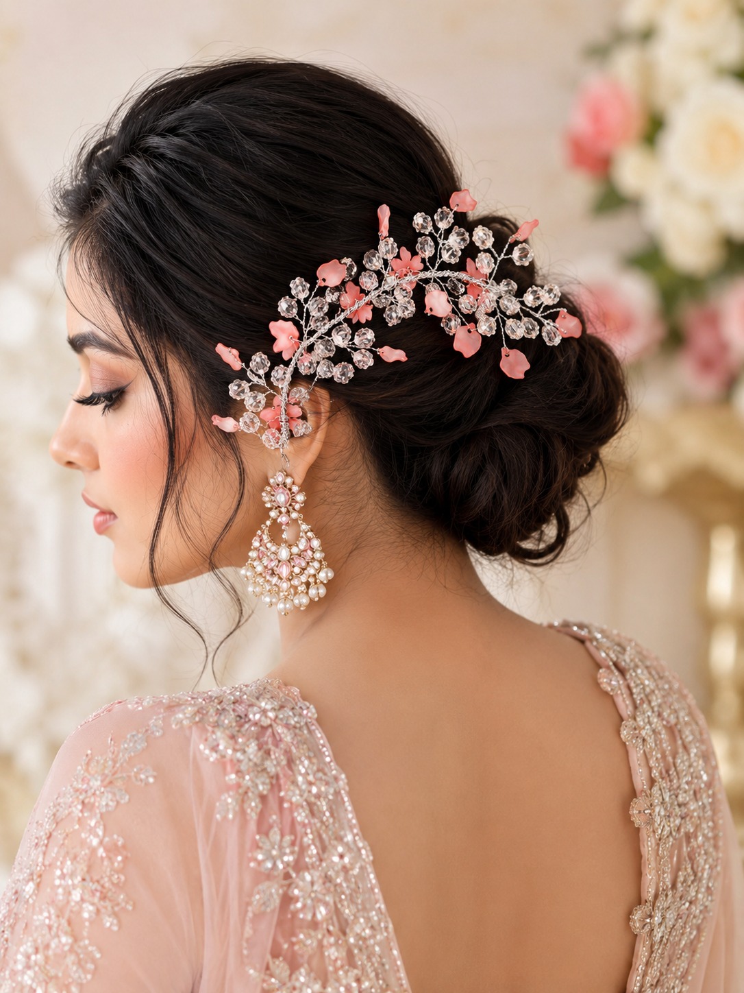 Rosé crystal hair accessory with elegant floral crystal design for women
