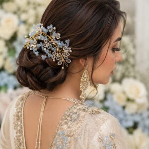 Azure Bloom crystal hair vine with sparkling floral crystal design for bridal hairstyles
