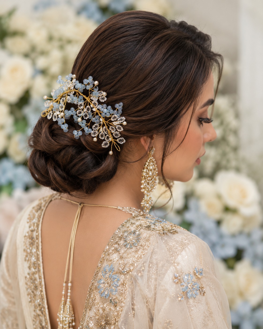 Azure Bloom crystal hair vine with sparkling floral crystal design for bridal hairstyles
