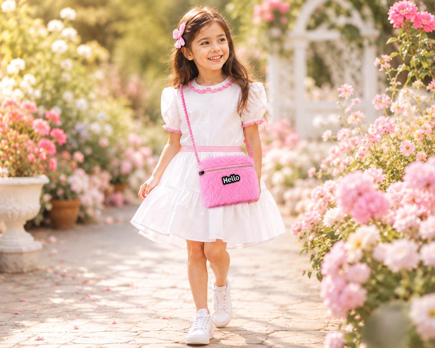 Princess Pink Furry Sling Bag for girls with soft plush furry design and adjustable shoulder strap