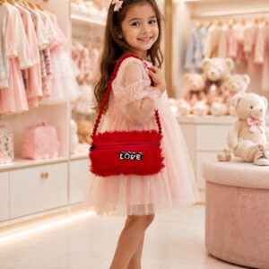 Girls Red Fluffy Fashion Sling Bag | Cute Plush Crossbody Bag
