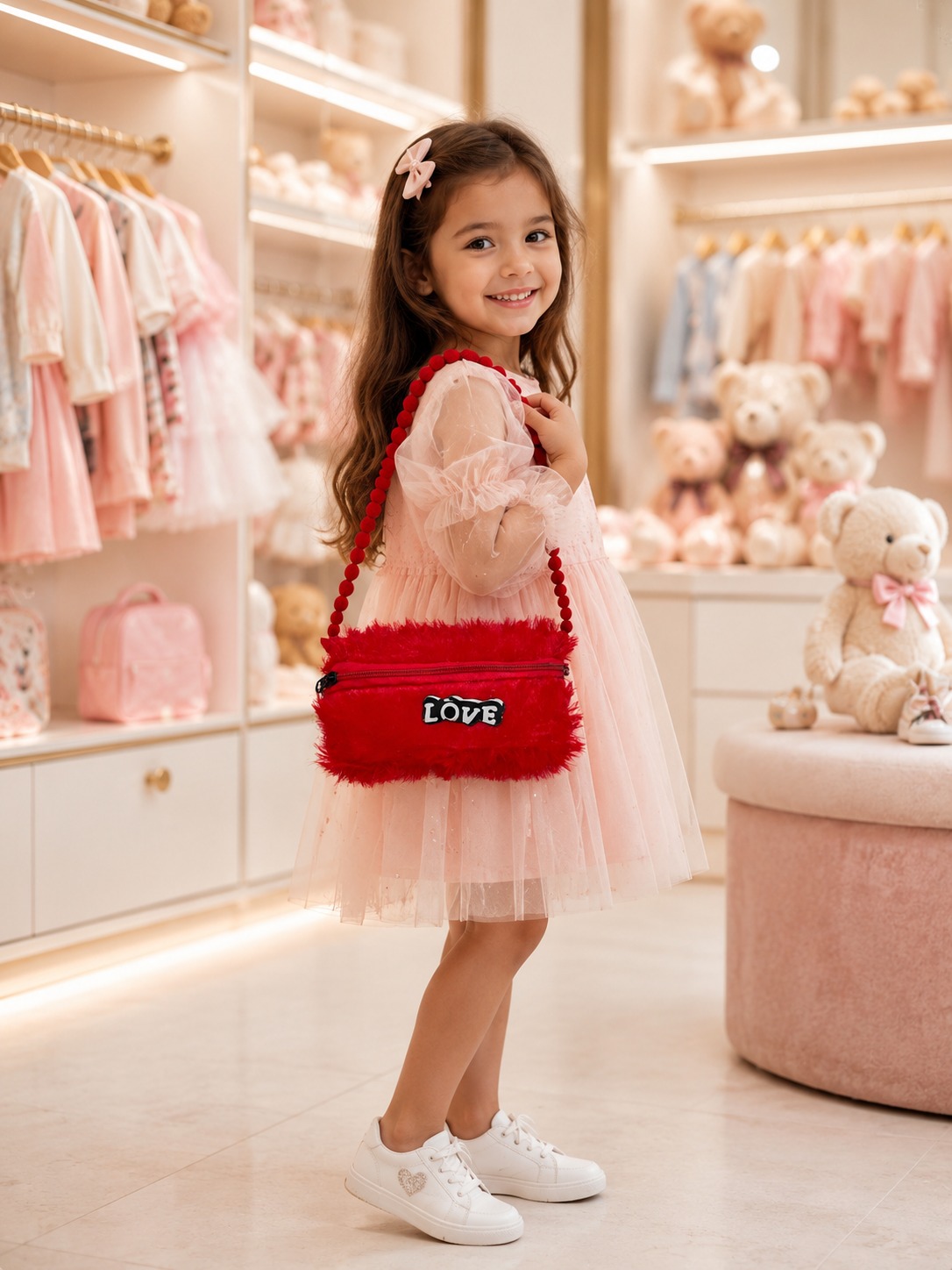 Girls Red Fluffy Fashion Sling Bag | Cute Plush Crossbody Bag