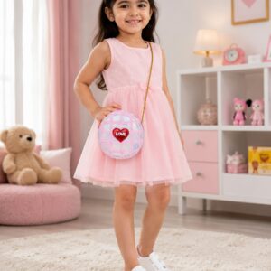Pink Plush LOVE kids sling bag with soft furry design and adjustable shoulder strap