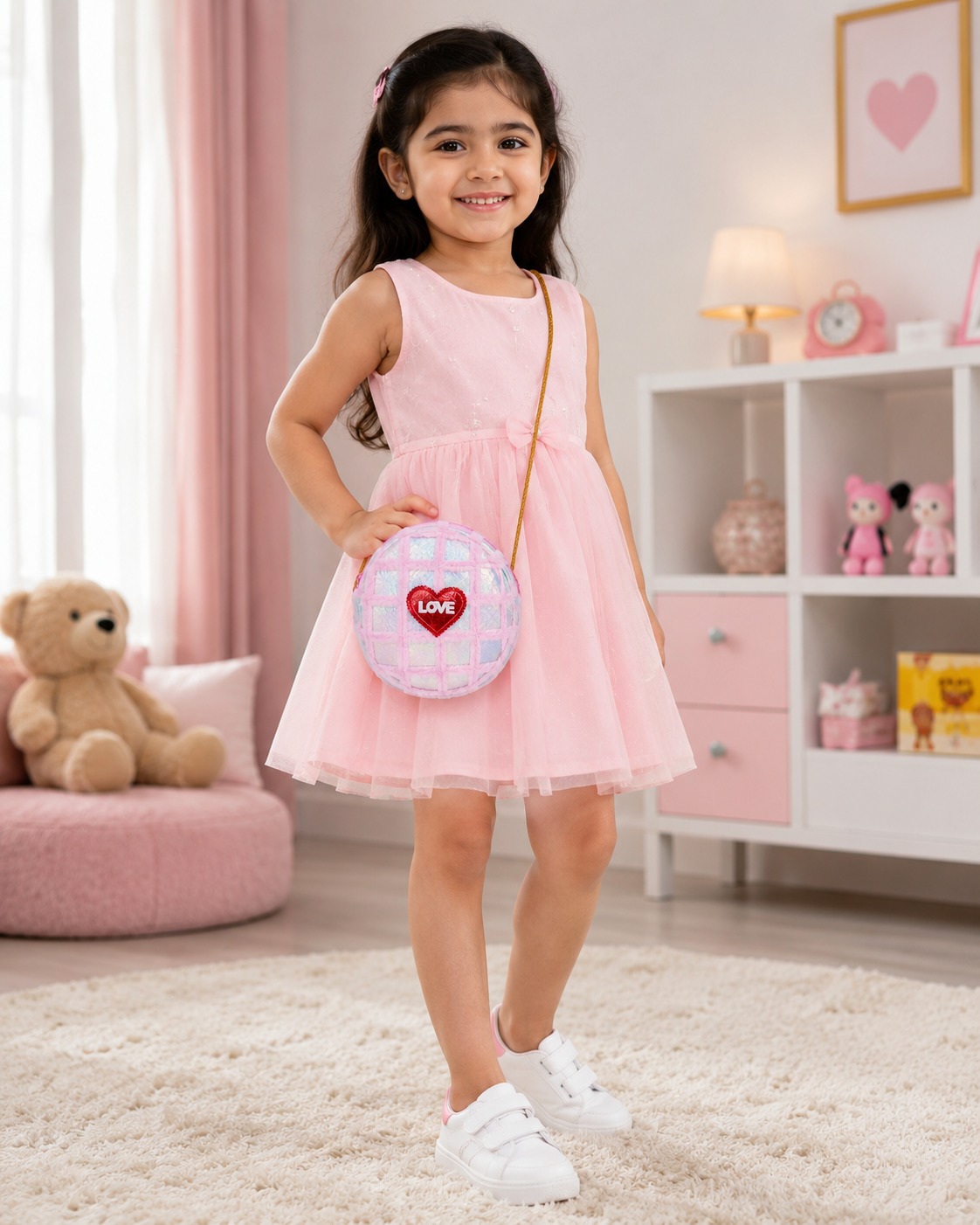 Pink Plush LOVE kids sling bag with soft furry design and adjustable shoulder strap