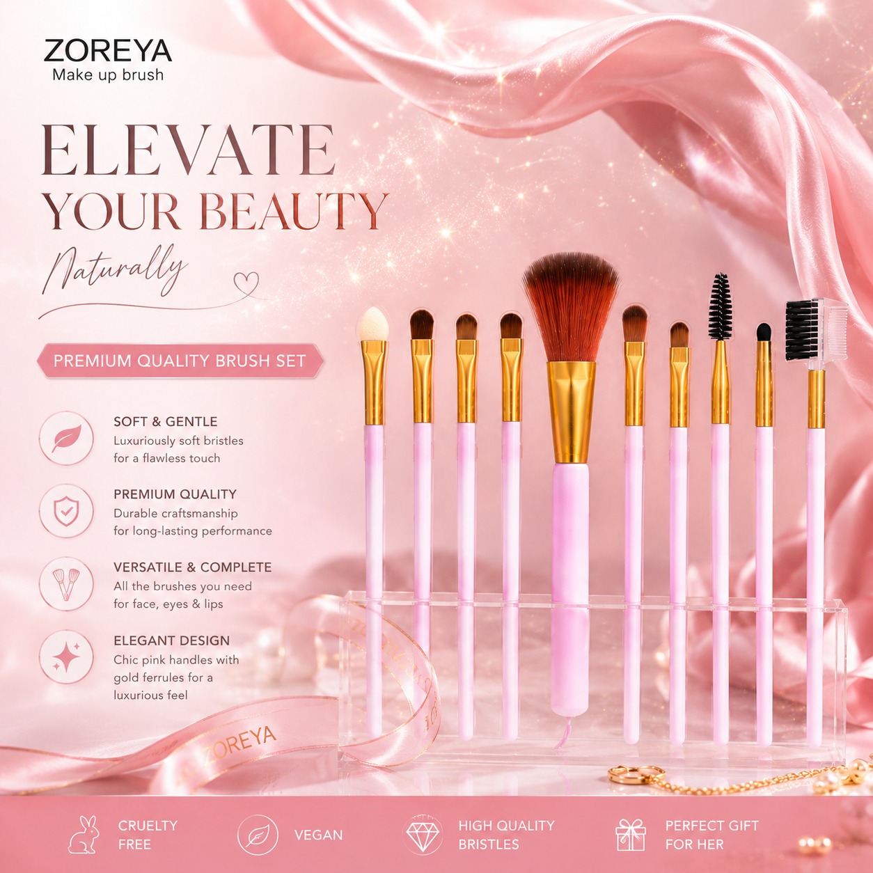 9 Pcs Premium Professional Makeup Brush Set – Pink & Gold Cosmetic Brushes - Image 3