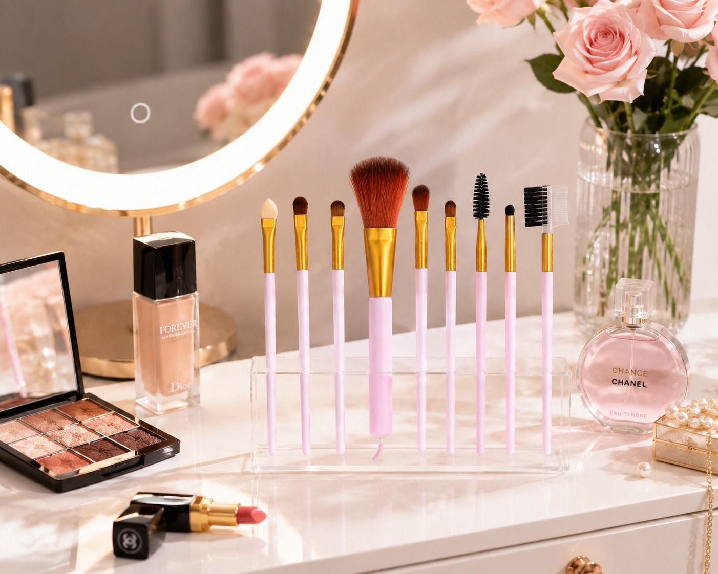 9 Pcs Premium Professional Makeup Brush Set – Pink & Gold Cosmetic Brushes - Image 4