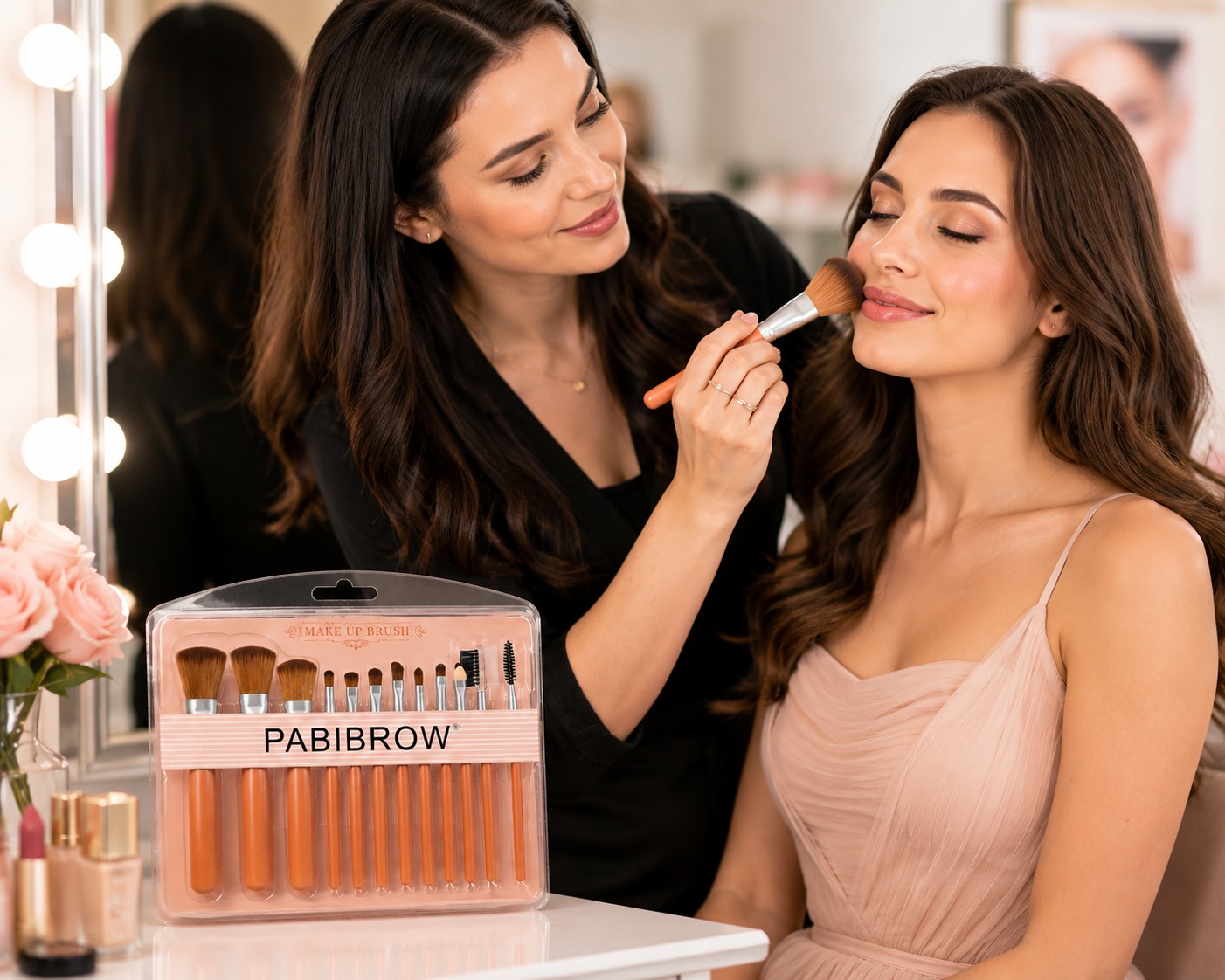 LuxeGlow Pro 9-Piece Pink & Gold Professional Makeup Brush Set with Soft Synthetic Bristles