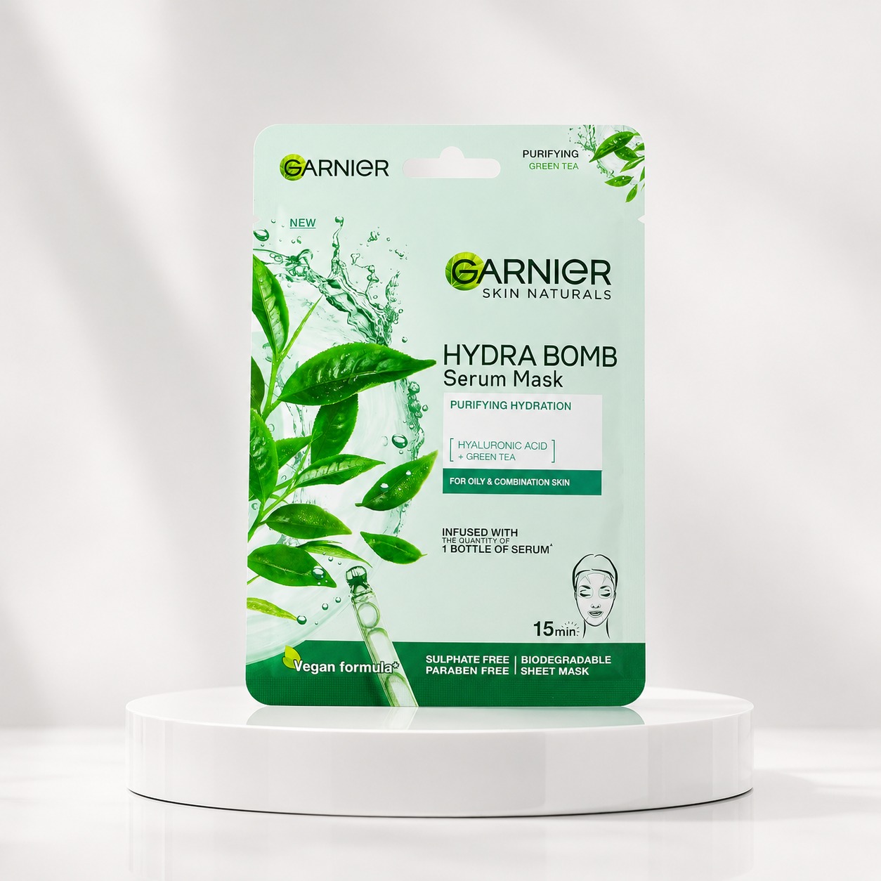 Garnier Skin Naturals Hydra Bomb Serum Mask Purifying Hydration sheet mask pouch for deep hydration and fresh-looking skin.