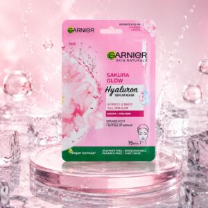 Garnier Skin Naturals Sakura Glow Hyaluron Serum Mask sheet mask with Hyaluronic Acid and Sakura Extract for glowing, hydrated skin.