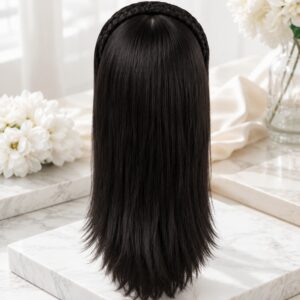 Natural Black Hair Topper with braided headband for instant volume and a seamless natural hairstyle.