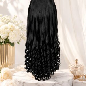 Natural Black Curly Hair Topper with braided headband featuring long spiral curls for a fuller, voluminous hairstyle.