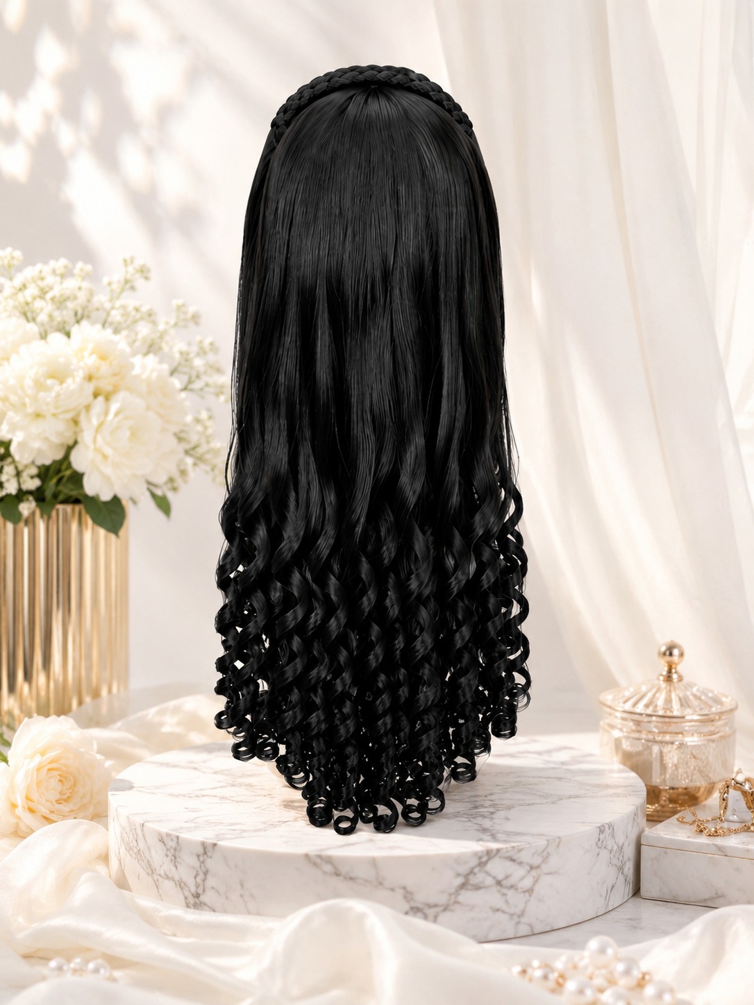 Natural Black Curly Hair Topper with braided headband featuring long spiral curls for a fuller, voluminous hairstyle.