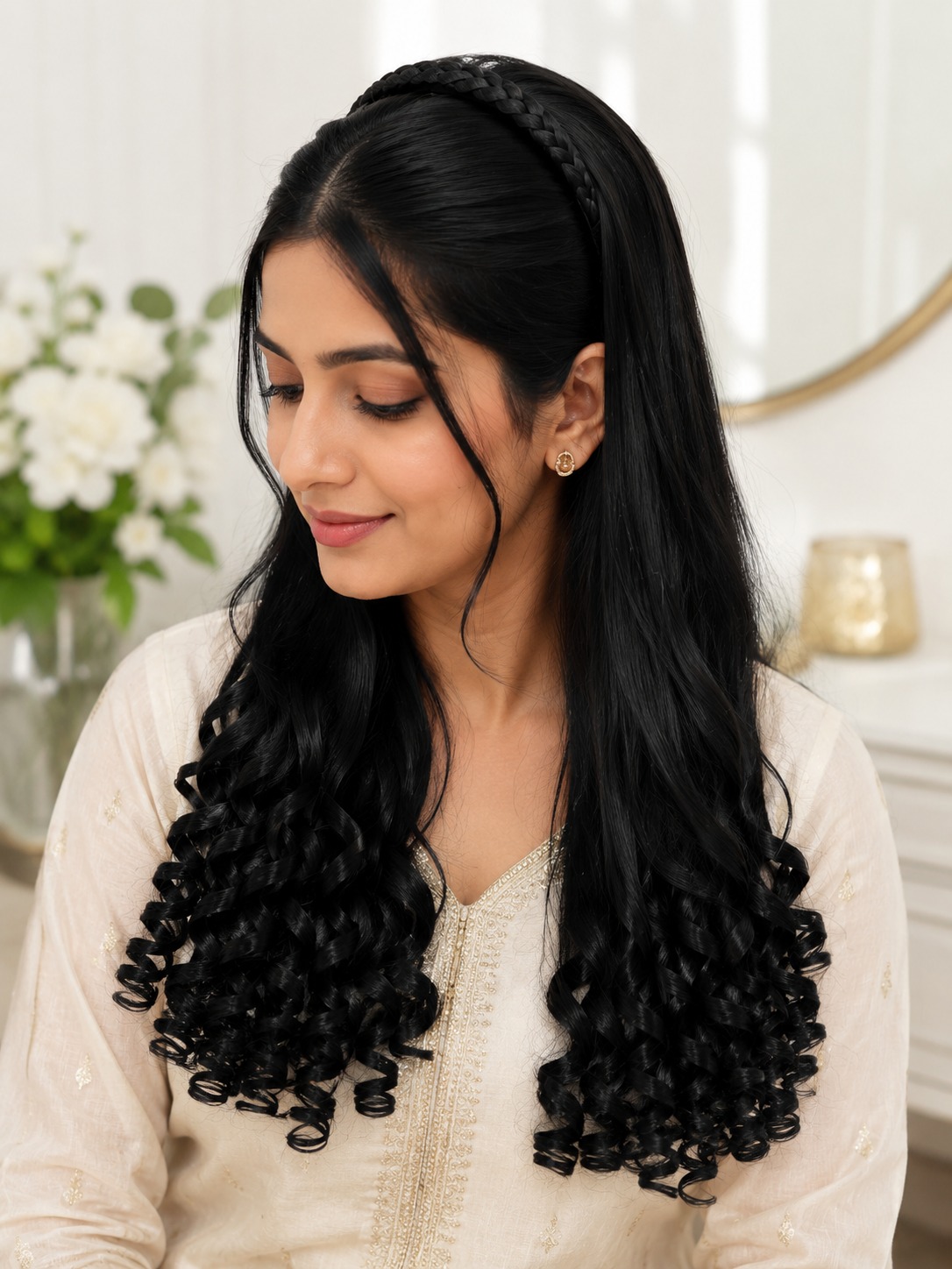 Natural Black Curly Hair Topper with Braided Headband - Image 4
