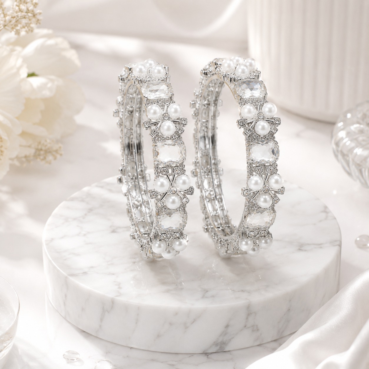 Crystal Pearl Designer Silver-Plated Kada for Women